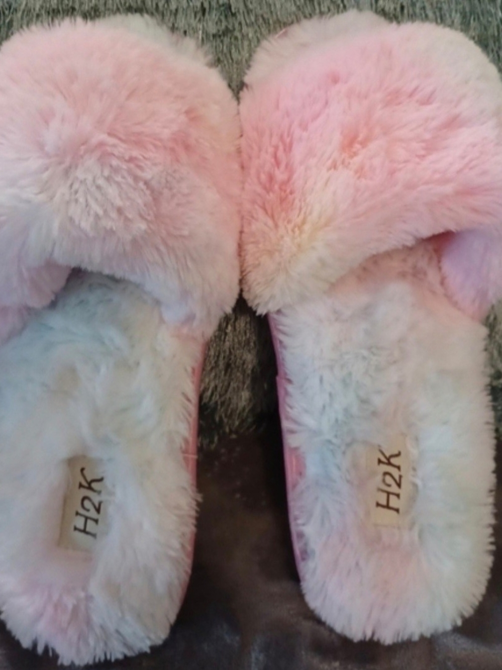 H2K Tie Dye Fuzzy Peep Toe House Shoes Slippers Size 9 New
